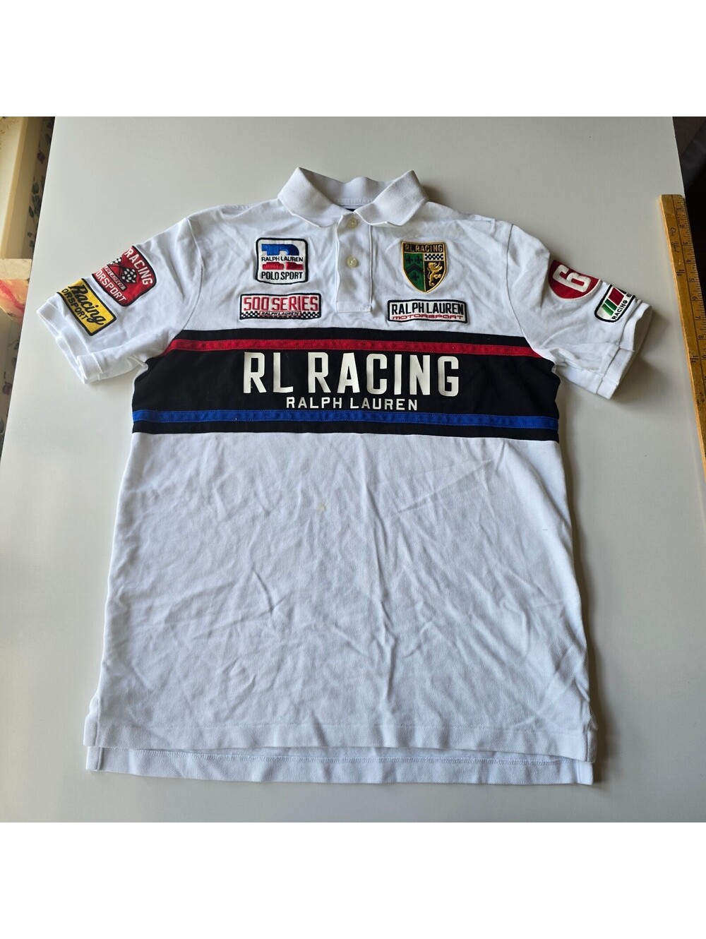 Polo Ralph Lauren Mens Small White RL Racing 500 Series Patch Motorsport Shirt